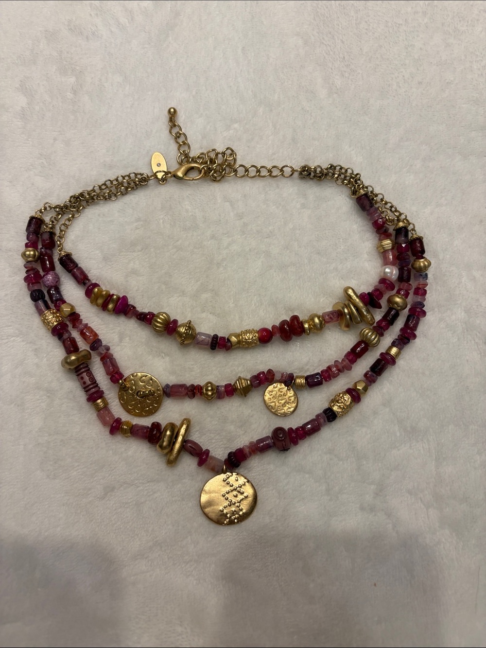 Gold & Pink Layered Bead Necklace with Coin Charms